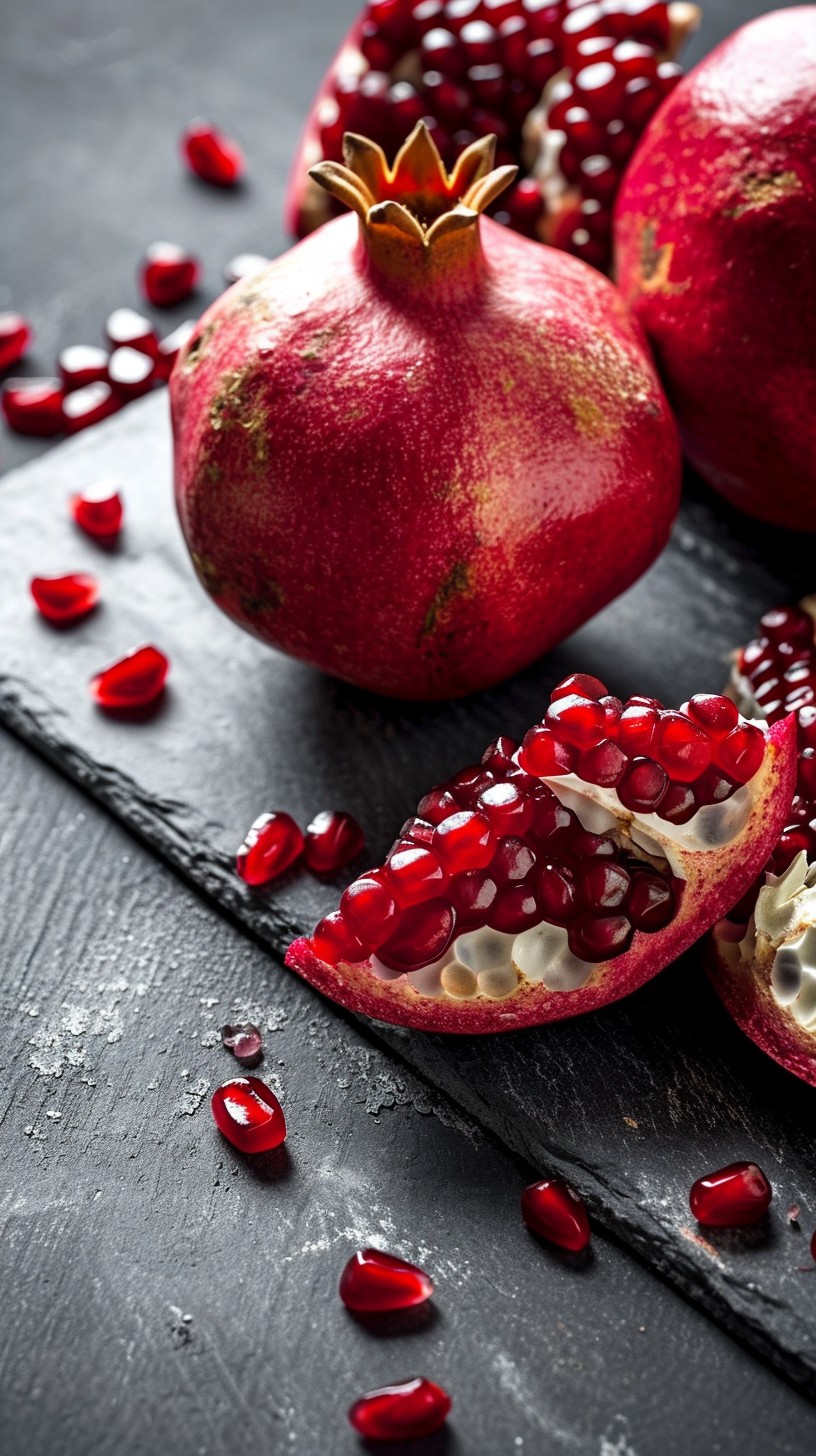 Fresh pomegranate, halved, showing glistening ruby-red arils